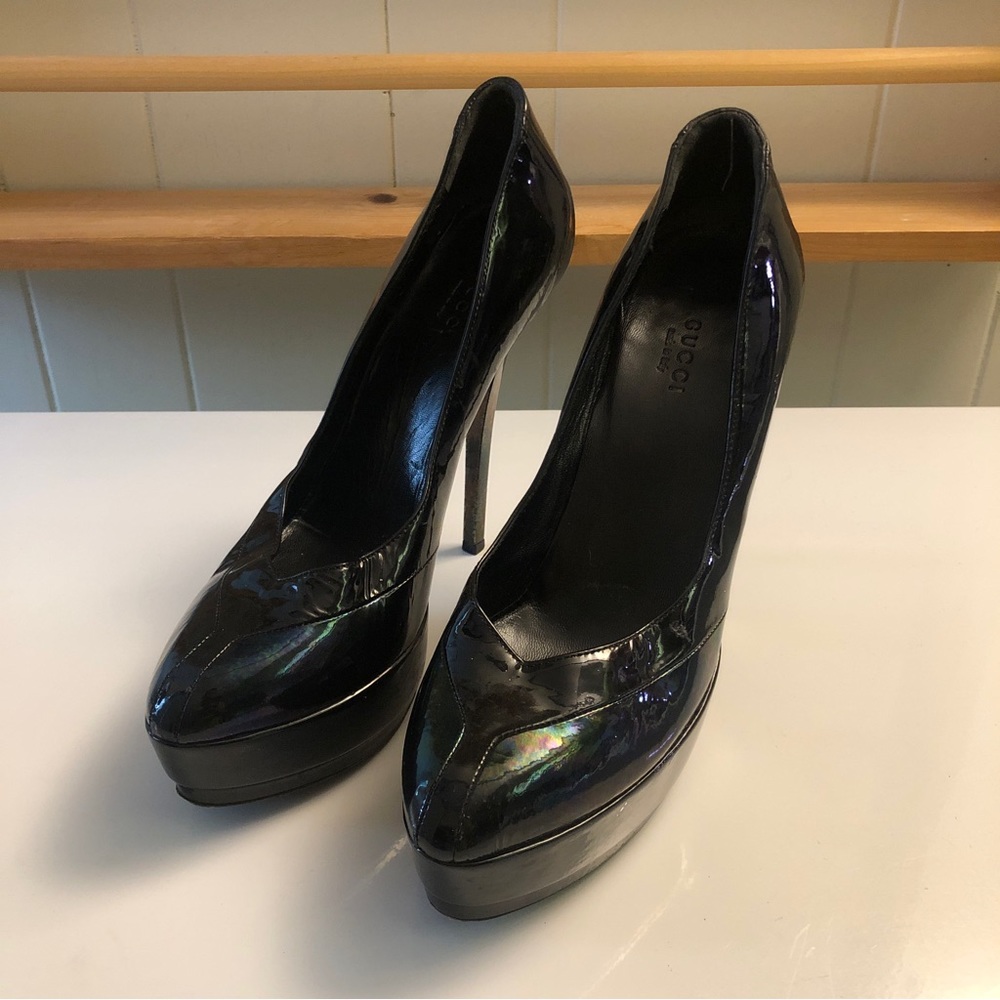 * GUCCI Black Patent Unisex Stiletto Platform Women’s size 38EU Pumps - Picture 2 of 14